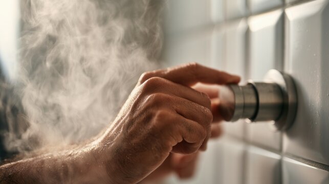 Close-up of hands turning a sleek metallic shower knob with warm steam rising in a modern minimalist bathroom with white tiles.