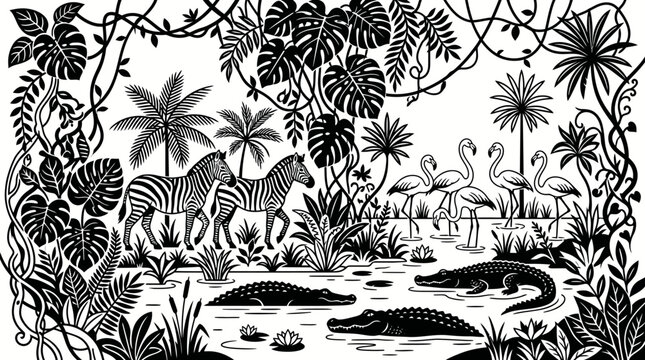 Tropical jungle wildlife scene with zebras flamingos and crocodiles