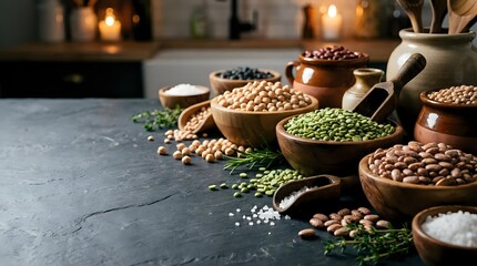 Assorted legumes and pulses in wooden bowls with scoops on dark surface, featuring lentils, chickpeas, and beans for cooking and nutrition content.