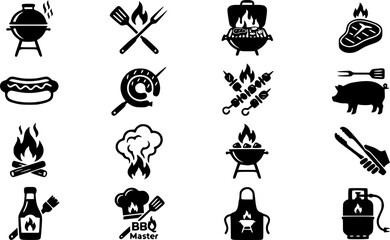 Naklejka premium Barbecue Grill Icon Set Featuring BBQ Tools, Grilled Meat, Hot Dog, Sausage, Skewers, Fire Flame, Smoke and Outdoor Cooking Symbols