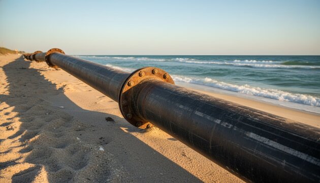 Large industrial beach renourishment pipe laying on the sandy shore next to the ocean waves under a clear blue sky, representing coastal protection and environmental engineering concept