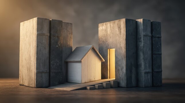 A small wooden house model is surrounded by large concrete blocks, with a warm light glowing from the house"s open doorway in a moody setting.