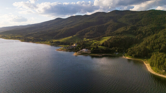 Aerial drone panorama over the scenic Dospat Reservoir, Bulagria