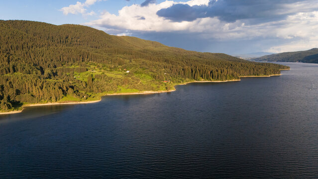 Aerial drone panorama over the scenic Dospat Reservoir, Bulagria