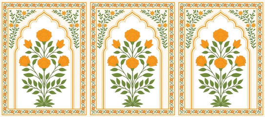 Traditional Mughal floral wall panel with botanical flowers and ornamental border. Mughal botanical wall artwork with floral motifs and decorative frame.   © Design 35