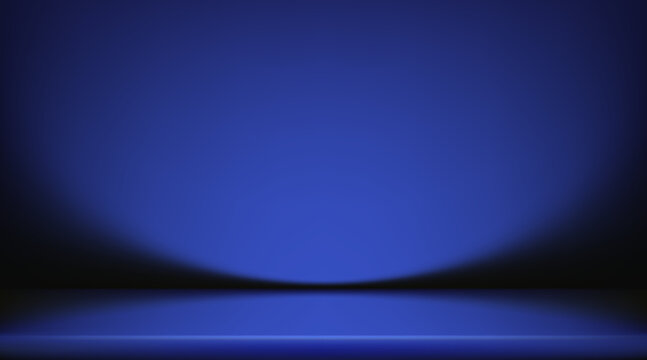 Dark blue gradient studio background with geometric podium platform. Vector backdrop illustration perfect for elegant product display and futuristic cosmetic presentation in 3D space