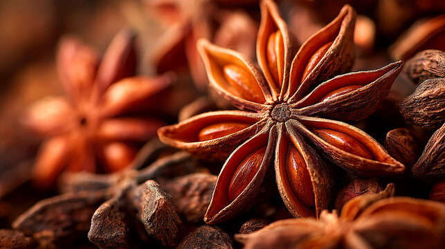 Star anise spice with intricate woody pattern creates warm, aromatic background. dried star shaped pods are rich in color and texture, adding depth to culinary scene