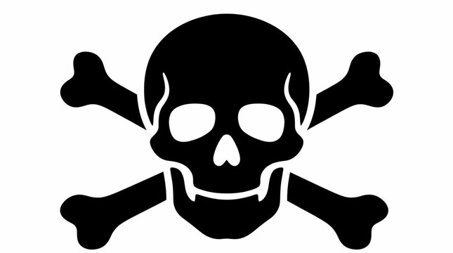 Jolly Roger pirate symbol featuring a classic human skull vector icon with crossbones isolated on a clean white background, representative of maritime history, danger, and swashbuckling adventure.