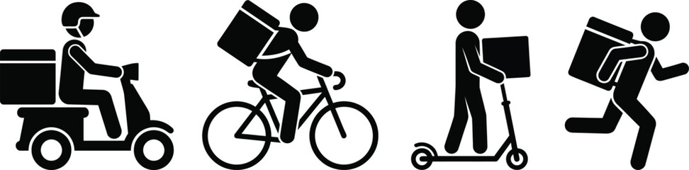 Obraz premium Delivery service icon set with courier driving scooter riding bicycle kick scooter running with box vector silhouette isolated on white