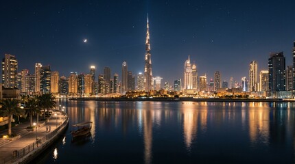 Obraz premium A dazzling cityscape at night, with towering skyscrapers reflecting in the calm water below. The moon is visible in the dark sky