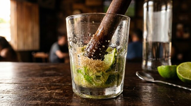 Muddling lime and sugar in a glass for a cocktail preparation on a wooden bar counter