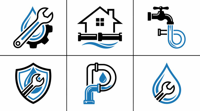 Creative plumbing maintenance service logo icon vector template with aquatic blue water droplet and pipe wrench symbol for professional home repair utility and sanitation industrial branding.