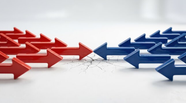 Two opposing groups of red and blue arrows collide, creating a crack on the surface between them, symbolizing conflict or confrontation.