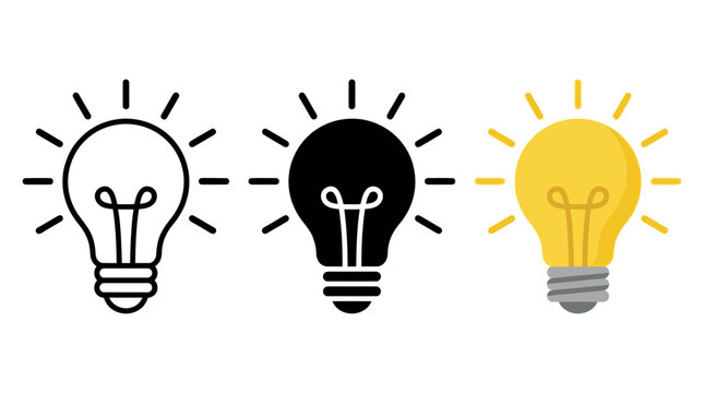 Electric light bulb icon collection featuring glowing rays and creative idea symbols representing innovation solution thinking technology and power through modern flat and outline illustrations