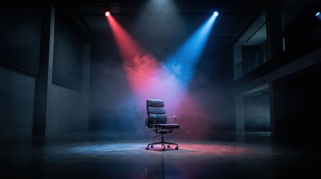 A solitary office chair is spotlighted in a dark room with red and blue lights casting atmospheric fog around it.