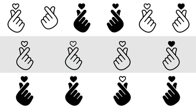 Minimalist linear hand gesture illustration set featuring mini heart symbol design, romantic finger sign graphic and love icon element for modern art and soulful human connection.