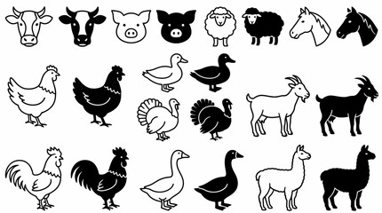 Obraz premium Comprehensive Collection of Agricultural Livestock and Domesticated Avian Icon Set Vector Illustration Featuring Cow Pig Sheep Chicken Rooster and Duck Flat Graphic Design Elements