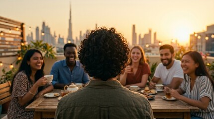 Fototapeta premium A diverse group of friends enjoying a rooftop dinner party at sunset with a city skyline in the background