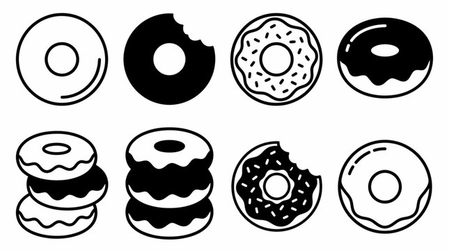 Flat vector illustration of a diverse doughnut collection featuring colorful glazed treat sweet snack icon with sprinkle and bitten edge isolated on a white background for food menu.