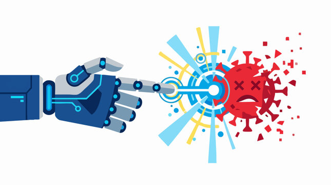 Robot Arm Defeating Coronavirus: A futuristic robot arm confronts and conquers a depiction of the coronavirus, symbolizing technological triumph over disease.