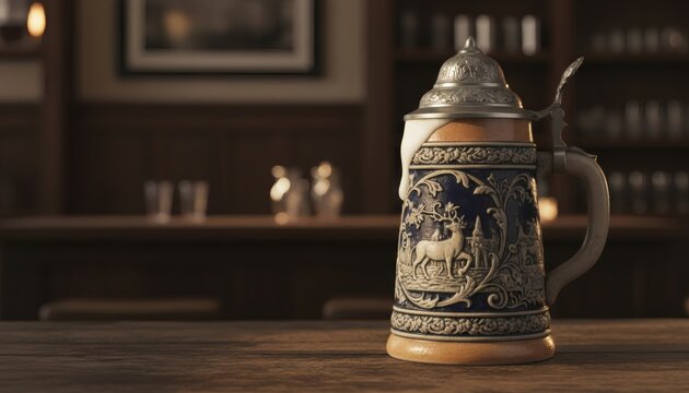 Traditional German beer stein with pewter lid on a wooden bar counter in a cozy pub, symbolizing Bavarian heritage and Oktoberfest celebration concept