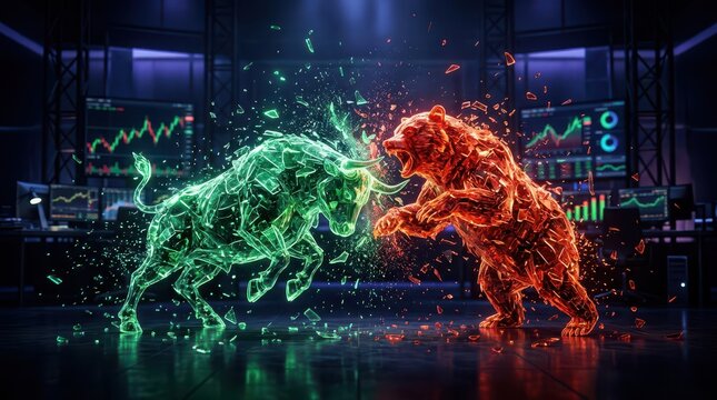 A digital representation of a green bull and red bear clashing, symbolizing market competition with stock charts in the background.
