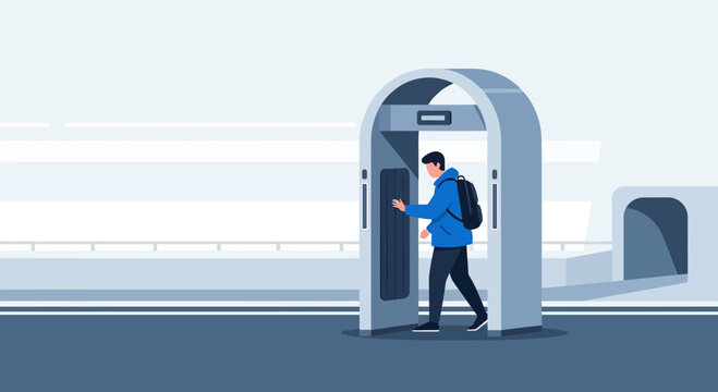 Person entering modern security scanner gate at transportation hub, travel concept.