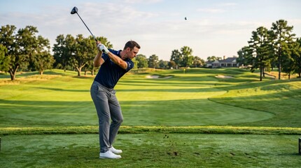 Obraz premium Man hitting a golf ball on a golf course during daytime with a backdrop of lush green trees and fairways