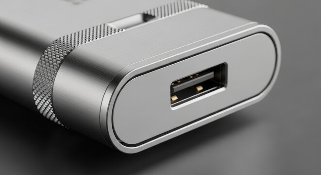 Close-up of a Modern Silver USB Port Connector with Technology Focus.