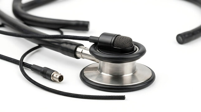 Close-up of a stethoscope with microphone, isolated on a white background