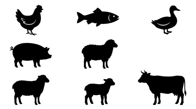 Animal silhouette vector design farm animals including chicken fish duck pig sheep lamb and cow icons for agriculture branding livestock symbols set