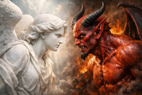 Angel and demon facing each other in dramatic battle between heaven light and fiery darkness