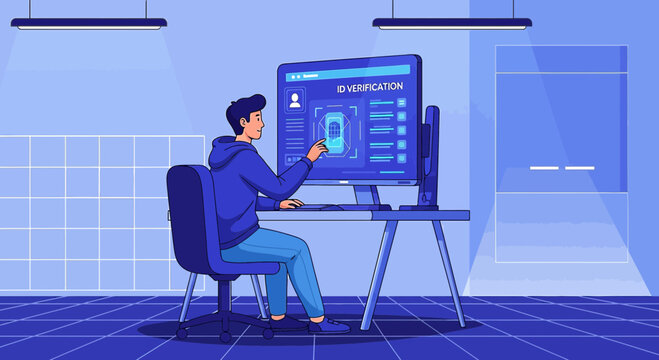 Person using digital identification on computer screen, tech concept