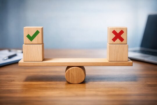Wooden balance scale with checkmark and cross symbols showing decision making and business choice