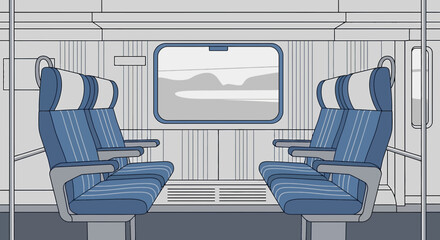 Obraz premium Modern Train Interior with Blue Seats and Window View