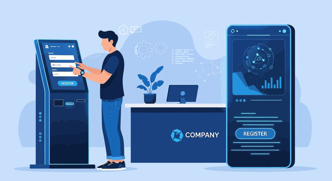 Modern Self-Service Kiosk & Mobile App Registration UI - Technology Concept