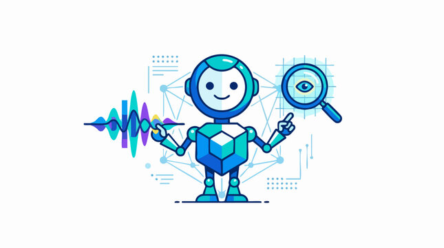 Robot Assistant Analyzing Data: A friendly robot with a cubical body and expressive eyes analyzes an audio waveform with a magnifying glass, surrounded by digital interface elements.