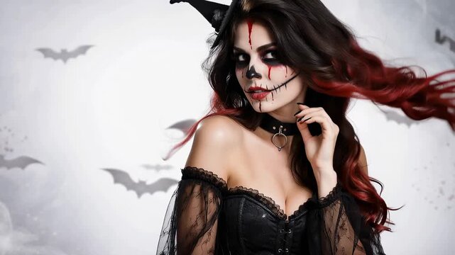 Woman with dramatic Halloween makeup inspired by sugar skull tradition and gothic mystery theme