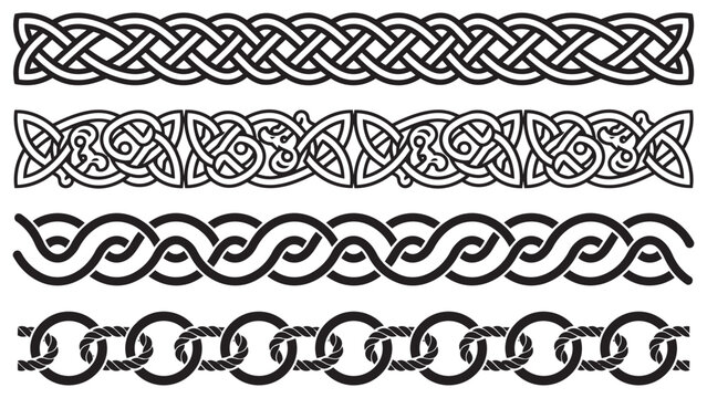 Black and white decorative celtic borders and linked chain patterns with ornament interlocking isolated decoration abstract traditional geometric heritage ornamental structure detailed