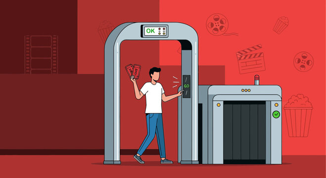 Man with popcorn at cinema security gate, movie icons on red background