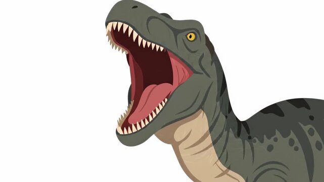 Theropod dinosaur rearing and roaring against plain white studio background as camera pushes in from full body to jaw. close framing emphasizes open teeth and aggressive movement and mood.