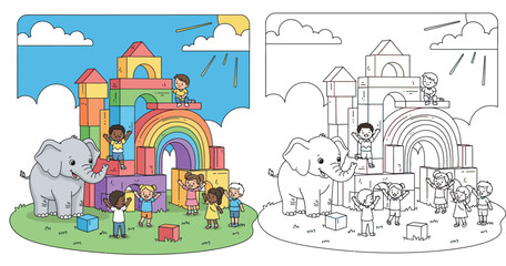 Naklejka premium Cute Cartoon Kids and Tiger Planting Tulips in a Sunny Garden - Childhood Fun and Nature Education