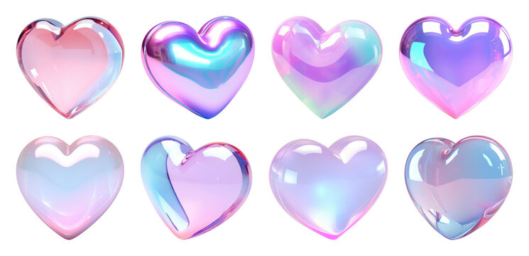 PNG Colorful iridescent glass hearts on transparent background