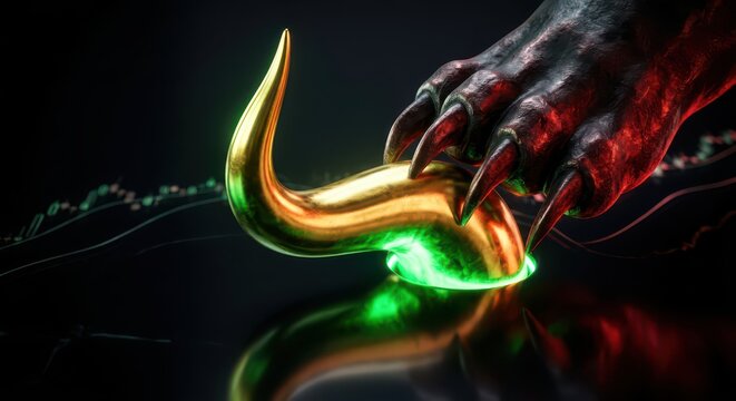 A dark clawed hand with sharp nails grasps a shiny golden horn, glowing with green light against a black reflective surface.