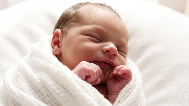 A peaceful newborn baby sleeping soundly wrapped in a soft white swaddle blanket
