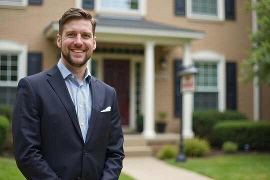 Real estate lawyer representing foreclosure case stands before house with foreclosure sign
