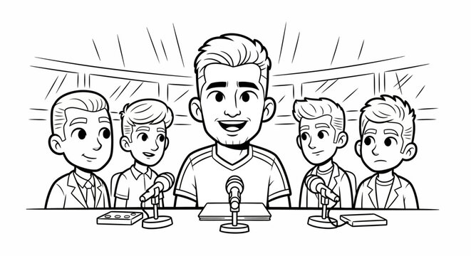 Cartoon panel discussion with enthusiastic young speaker and audience.