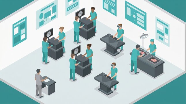 Surgical simulation training centre with laparoscopic box trainers, 3D isometric
