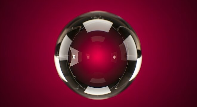 A futuristic red orb with a metallic sheen glows brightly against a dark red background