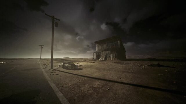Makeshift shelter by desolate highway dusk, leaning planks and corrugated metal, stranded car used for shade, telephone poles receding, scattered tools